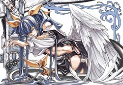  angel_wings arm_support bare_shoulders belt black_panties black_thighhighs blue_hair center_opening closed_eyes crossed_arms detached_sleeves dizzy_(guilty_gear) dong_hole feathered_wings female flower guilty_gear guilty_gear_x guilty_gear_xx hair_between_eyes hair_over_one_eye hair_ribbon highres long_hair lying midriff monster_girl navel on_side panties ribbon simple_background sleeping solo stomach tail tail_ornament tail_ribbon thick_thighs thigh_strap thighhighs thighs twintails underwear white_background wings yellow_ribbon zipper 