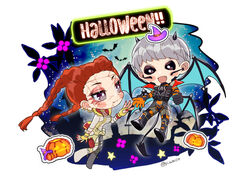  2girls animification apex_legends bat_(animal) black_eyes braid chibi cracked_skin demon_wings fingerless_gloves flying fur_trim gloves grey_hair hair_behind_ear halloween jack-o&#039;-lantern jacket loba_(apex_legends) long_hair multiple_girls pants red_hair red_nails short_hair smile spatial_anomaly_valkyrie twin_braids valkyrie_(apex_legends) victorian_vixen_loba wako_(level5) white_jacket white_pants wings 