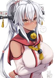  absurdres alternate_hairstyle blush breasts brown_eyes cosplay crossed_arms dark-skinned_female dark_skin detached_sleeves embarrassed female glasses grey_hair headgear highres kantai_collection large_breasts long_hair looking_at_viewer mashiro_yukiya musashi_(kancolle) musashi_kai_ni_(kancolle) ponytail sailor_collar simple_background solo spoken_blush white_background yamato_(kancolle) yamato_(kancolle)_(cosplay) 