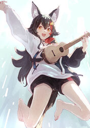  acoustic_guitar animal_ear_fluff animal_ears arm_up barefoot black_choker black_hoodie black_shorts blue_background choker copyright_name crossed_bangs eyelashes feet female full_body gradient_background guitar hair_ornament hand_up highres holding hololive hood hood_down hoodie instrument legs long_hair looking_at_viewer midair multicolored_hair official_alternate_costume ookami_mio ookami_mio_(casual) orange_eyes red_hair shorts sidelocks solo streaked_hair tail thighs toenails toes two-tone_hoodie v-shaped_eyebrows virtual_youtuber white_hoodie wolf_ears wolf_girl wolf_tail yami_ara 