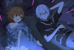  1boy :d accelerator_(toaru_majutsu_no_index) age_difference ahoge albino arms_behind_head artist_name barefoot bed_sheet black_shirt blush bob_cut breasts broken_furniture brown_eyes brown_hair coffee_table collarbone commentary constricted_pupils couch covering covering_with_blanket dark dated dated_commentary diagonal-striped_shirt female female_child hair_between_eyes hair_over_eyes hands_on_own_stomach indoors last_order_(toaru_majutsu_no_index) light_blush light_frown living_room lolicon looking_at_another looking_back lying medium_hair messy messy_hair messy_room naked_sheet night notice_lines nude_cover off_shoulder on_back on_couch on_table open_mouth pants parted_lips raised_eyebrows round_teeth s_m_831 sanpaku shirt short_hair short_sleeves side-by-side single_bare_shoulder sitting sitting_on_table small_breasts smile t-shirt table teeth toaru_kagaku_no_railgun toaru_majutsu_no_index twitter_username two-tone_shirt upper_teeth_only very_short_hair white_hair white_pants white_shirt yokozuwari 