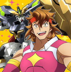  1boy brown_hair collarbone green_eyes gundam gundam_aegis_knight gundam_build_divers gundam_build_divers_re:rise headband holding holding_shield mecha mobile_suit muscular muscular_male open_mouth red_headband robot science_fiction shield takesake torimachi_kazami v-fin v-shaped_eyebrows yellow_eyes 