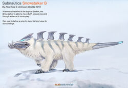  alex_ries alien ambiguous_gender claws concept_art english_text fangs feral fur glowing glowing_tail official_art quadruped snow_stalker_(subnautica) solo spikes striped_body striped_fur stripes subnautica subnautica_below_zero tail teeth text unknown_worlds_entertainment white_body white_fur 