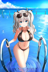  absurdres bare_shoulders bikini black_bikini blue_eyes blue_sky blush breasts cleavage closed_mouth cloud cloudy_sky collarbone commentary contrapposto cowboy_shot cropped_legs day eyelashes eyewear_on_head female flag_print german_flag german_flag_bikini grey_hair groin hair_between_eyes highres horizon infinity_pool kantai_collection kashima_(kancolle) large_breasts lemontea_(ekvr5838) long_hair looking_at_viewer md5_mismatch multi-strapped_bikini navel ocean outdoors partially_submerged pool pool_ladder poolside sidelocks sky smile solo stomach sunglasses swimsuit twintails water water_drop wavy_hair wet 