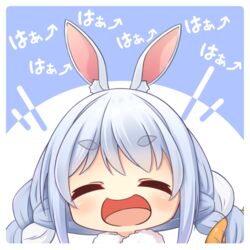  :d ^_^ animal_ear_fluff animal_ears arrow_(symbol) blue_background blue_hair blush braid carrot_hair_ornament catchphrase chibi closed_eyes commentary facing_viewer female food-themed_hair_ornament hair_ornament hololive laughing long_hair multicolored_hair open_mouth rabbit_ears shachoo. short_eyebrows smile solo thick_eyebrows twin_braids two-tone_background two-tone_hair usada_pekora usada_pekora_(1st_costume) virtual_youtuber white_background white_hair 