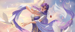  absurdres bird braid butterfly_hair_ornament cleavage_cutout closed_mouth clothing_cutout cloud female hair_ornament head_tilt highres light_particles lin_zai_huo long_hair looking_at_viewer purple_hair second-party_source smile solo two-tone_dress upper_body wanmei_shijie yun_xi_(wanmei_shijie) 