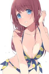  bikini blue_bikini blue_eyes breasts brown_hair cleavage collarbone commentary_request cowboy_shot female front-tie_top highres leaning_forward lemon_print long_hair medium_breasts mochigome_(ununquadium) original parted_lips side-tie_bikini_bottom simple_background solo swimsuit white_background 