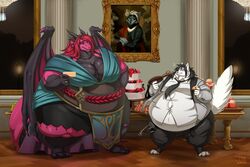  2022 3:2 4_horns anthro belly big_belly big_breasts biglovealicia biped black_hair bloated breasts cake cake_slice canid canine cheek_tuft claws clothed clothing cupcake dessert detailed_background digital_media_(artwork) digitigrade dragon duo facial_tuft female food formal_suit fox fur furniture hair hi_res holding_cake holding_food holding_object holding_plate horn huge_belly inside male mammal membrane_(anatomy) membranous_wings moobs multi_horn mythological_creature mythological_scalie mythology obese obese_female obese_male overweight overweight_female overweight_male paint palace picture_in_picture purple_body raised_tail red_hair scalie signature smile solo stuffing table tail thick_tail thick_thighs torn_clothing tuft tufted_ears vhenan white_body wings yelmora_lardclaw 