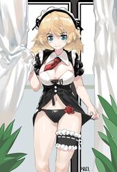  absurdres black_panties blonde_hair blush_stickers bodice breasts bridal_garter cleavage closed_mouth curtains feet_out_of_frame female flower g36_(girls&#039;_frontline) g36_(mod3)_(girls&#039;_frontline) girls&#039;_frontline green_eyes highres large_breasts long_hair maid_headdress navel necktie panties plant prossss red_necktie rose shrug_(clothing) signature smile solo standing underwear 