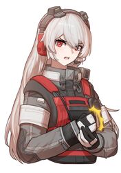  armor charolic_(girls&#039;_frontline_2) cheogtanbyeong commentary female girls&#039;_frontline girls&#039;_frontline_2:_exilium gloves grey_hair hair_between_eyes headphones headset highres long_hair long_sleeves looking_at_viewer military military_uniform multicolored_clothes multicolored_gloves open_mouth red_eyes serious solo sweatdrop tactical_clothes uniform upper_body walkie-talkie white_background 