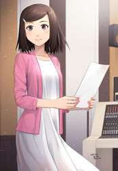  brown_eyes brown_hair dated dress female hair_ornament hairclip highres holding holding_paper indoors looking_at_viewer medium_hair nami_yo_kiite_kure nanba_mizuho paper pink_nails sarasa_(kanbi) solo speaker standing white_dress 