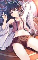  animal_ear_fluff animal_ears arm_up armpits black_hair blunt_bangs brown_camisole brown_shorts camisole collarbone commentary cowboy_shot dog_ears dog_girl expressionless extra_ears female groin gurasion_(gurasion) hand_up kasumi_(princess_connect!) long_hair long_sleeves looking_at_viewer lying midriff navel no_panties off_shoulder on_back open_clothes open_shirt princess_connect! purple_eyes shirt short_shorts shorts solo very_long_hair white_shirt 