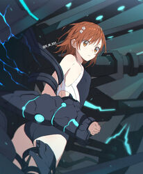  anti-art_attachment ass bare_shoulders black_one-piece_swimsuit bob_cut breasts brown_eyes brown_hair cannon closed_mouth commentary competition_swimsuit cowboy_shot dutch_angle electricity electrokinesis energy_cannon externally_piloted_mecha female floating_hair flower from_side glowing hair_flower hair_ornament hairclip light_frown looking_at_viewer looking_to_the_side machinery mecha mecha_musume messy_hair misaka_mikoto one-piece_swimsuit power_suit powered_suit_(toaru) psychic robot s_m_831 science_fiction short_hair shoulder_cannon single_bare_shoulder small_breasts solo swimsuit toaru_majutsu_no_index toaru_majutsu_no_index:_new_testament tokiwadai_school_swimsuit two-tone_one-piece_swimsuit two-tone_swimsuit weapon white_flower 