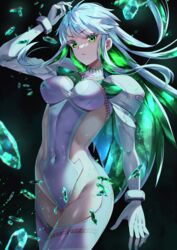  absurdres boots breasts colored_inner_hair covered_navel cropped_jacket crystal crystal_hair fate/grand_order fate_(series) female gloves green_eyes green_hair highres jacket juliet_sleeves kukulkan_(fate) kukulkan_(second_ascension)_(fate) large_breasts leotard long_hair long_sleeves looking_at_viewer multicolored_hair one_heart1201 puffy_sleeves shrug_(clothing) sideless_outfit sidelocks solo thigh_boots thighs white_footwear white_gloves white_hair white_jacket white_leotard 