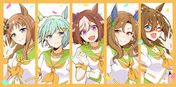  5girls :3 :d absurdres animal_ears blue_eyes border bow brown_eyes brown_hair closed_mouth confetti el_condor_pasa_(umamusume) enonko golden_generation_(umamusume) grass_wonder_(umamusume) green_hair hairbow highres horse_ears horse_girl king_halo_(umamusume) long_hair looking_at_viewer mask multicolored_hair multiple_girls neckerchief one_eye_closed open_mouth ponytail purple_eyes school_uniform seiun_sky_(umamusume) shirt short_hair short_sleeves simple_background smile special_week_(umamusume) streaked_hair umamusume white_background white_shirt yellow_border yellow_neckerchief 