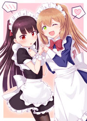  2girls :o ;d alternate_costume apron black_dress blue_dress blush brown_hair brown_legwear commentary_request dress enmaided frilled_apron frilled_dress frills girls&#039;_frontline green_eyes hair_between_eyes harada_(sansei_rain) heart highres holding_hands interlocked_fingers long_hair long_sleeves maid maid_apron maid_headdress multiple_girls one_eye_closed open_mouth pantyhose parted_lips pink_background puffy_short_sleeves puffy_sleeves red_eyes short_sleeves smile spoken_blush spoken_heart springfield_(girls&#039;_frontline) two-tone_background very_long_hair wa2000_(girls&#039;_frontline) waist_apron white_apron white_background 