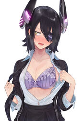  amami_amayu black_hair blush bra breasts breath checkered_necktie commentary_request embarrassed eyepatch female headgear heavy_breathing highres kantai_collection lace-trimmed_bra lace_trim looking_to_the_side necktie nose_blush open_clothes open_mouth purple_bra school_uniform short_hair simple_background solo sweat tenryuu_(kancolle) underwear upper_body wet white_background yellow_eyes 