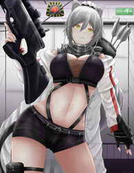  animal_ear_fluff animal_ears archstreal arknights arrow_(projectile) bare_shoulders belt black_belt black_gloves black_scarf black_shirt black_shorts breasts buckle cat_ears cat_tail cleavage closed_mouth commentary_request cowboy_shot crop_top crossbow ear_piercing earpiece emergency_exit exit_sign female fingerless_gloves gloves grey_hair hair_between_eyes highres holding holding_crossbow holding_weapon indoors jacket large_breasts long_hair long_sleeves looking_at_viewer midriff navel off_shoulder open_clothes open_jacket photoshop_(medium) piercing ponytail pouch quiver scarf schwarz_(arknights) see-through shirt short_shorts shorts sidelocks sleeveless sleeveless_shirt snap-fit_buckle solo standing tail thigh_pouch underbust weapon yellow_eyes 