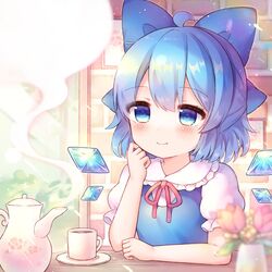  ahoge blue_bow blue_dress blue_eyes blue_hair blurry blush bow bowtie bug bush butterfly butterfly_wings cirno closed_mouth coa_(chroo_x) coffee collared_shirt commentary_request cup drawing_(object) dress drink eyelashes eyes_visible_through_hair fairy female flower frills green_background hair_between_eyes hand_on_own_face hand_up ice ice_wings insect_wings jar kettle leaf looking_to_the_side metadata_pun orange_flower pink_bow pink_bowtie pink_flower plate puffy_short_sleeves puffy_sleeves shadow shirt short_hair short_sleeves sitting smile solo steam sunlight table touhou tree tulip wall white_shirt wings yellow_flower 