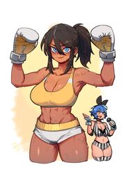  &gt;:) 2girls arms_up bare_shoulders black_hair blue_eyes boxing_gloves breasts cleavage closed_mouth collarbone commentary cropped_legs dark-skinned_female dark_skin dif_(difman) difman english_commentary fingerless_gloves gloves grey_gloves hair_between_eyes highres looking_at_viewer medium_breasts multiple_girls original ponytail short_shorts shorts smile solo_focus striped_clothes striped_thighhighs sweat thighhighs v-shaped_eyebrows vertical-striped_clothes vertical-striped_thighhighs white_background white_shorts 