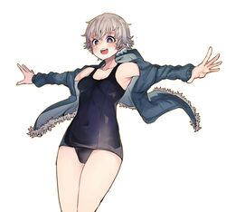  :d armpits bare_shoulders black_one-piece_swimsuit blue_jacket blush breasts bright_pupils brown_eyes cleavage commentary covered_navel cowboy_shot female floating_clothes foeyp from_below fur-trimmed_jacket fur_trim grey_hair hair_between_eyes hood hood_down hooded_jacket jacket jacket_over_swimsuit looking_at_viewer looking_down off_shoulder old_school_swimsuit one-piece_swimsuit open_clothes open_jacket open_mouth original outstretched_arms school_swimsuit school_swimsuit_flap short_hair simple_background small_breasts smile solo spread_arms spread_fingers standing swimsuit swimsuit_under_clothes teeth tomboy tomboy_(foeyp) upper_teeth_only very_short_hair white_background white_pupils wide-eyed 