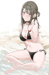  absurdres bangs beach bikini black_bikini black_hair blurry blurry_background blush breasts crossed_legs eyebrows_visible_through_hair female full_body highres large_breasts medium_hair mole mole_under_eye original outdoors parted_lips red_eyes side-tie_bikini sitting solo swimsuit thighs translated water xretakex 