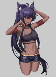  absurdres ahoge animal_ears arm_wrap armpits bad_id bad_pixiv_id bare_shoulders belt belt_collar bikini black_belt black_bikini black_collar blush borrowed_character breasts brown_kemomimi-chan_(krr) collar collarbone commentary commission crop_top cropped_legs dark-skinned_female dark_skin dungeon_and_fighter female grey_background hair_between_eyes highleg highleg_bikini highleg_panties highres long_hair looking_at_viewer medium_breasts micro_bikini midriff navel oerba_yun_fang open_mouth original panties panty_straps pink_eyes ponytail purple_eyes purple_hair short_shorts shorts sidelocks simple_background smile solo stomach swimsuit thighs underwear very_long_hair yareen 