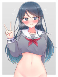  @_@ absurdres arm_behind_back blue_hair blush border bottomless commentary_request female gradient_hair grey_background grey_shirt groin highres hoshino_ichika_(project_sekai) long_hair looking_at_viewer masurao19 midriff multicolored_hair navel necktie open_mouth out-of-frame_censoring outside_border project_sekai red_necktie sailor_collar school_uniform serafuku shirt simple_background solo standing v white_border white_sailor_collar 