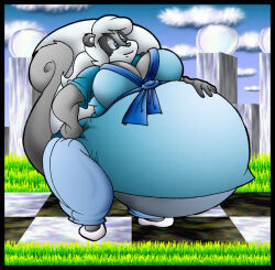  2012 anthro belly big_belly big_breasts black_body black_fur blue_eyes bottomwear breasts clothing digital_media_(artwork) female footwear fur grass huge_belly huge_breasts hyper hyper_belly hyper_pregnancy mammal mephitid multicolored_body multicolored_fur pants plant pregnant shirt shoes skunk solo stacy_(satsumalord) thick_thighs topwear two_tone_body two_tone_fur virus-20 white_body white_fur 
