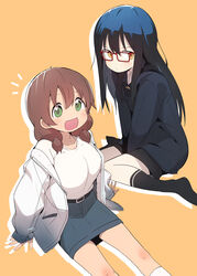  2girls absurdres belt black_hair black_legwear blush breasts brown_hair bural_chingu commentary denim denim_skirt full_body glasses green_eyes hair_between_eyes ham_na-bi highres huge_breasts jacket ju_hyeon-mi korean_commentary long_hair looking_at_viewer luke_(dydansgur) multiple_girls open_mouth outline red-framed_eyewear short_twintails simple_background skirt smile socks twintails white_outline yellow_background yellow_eyes 