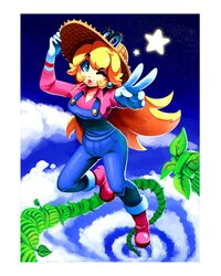  ;) absurdres bean_stalk blonde_hair blue_eyes blue_overalls blue_sky boots climbing cloud collarbone commentary earrings farmer female full_body gloves hat highres jewelry long_hair long_sleeves looking_at_viewer mario_(series) mouth_hold one_eye_closed outdoors outstretched_arm overalls pink_footwear pink_shirt princess_peach ravenousruss shirt sidelocks sky smile solo star_(sky) sun_hat super_mario_odyssey tiara_(mario) v white_gloves 