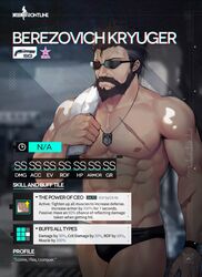  1boy april_fools bara beard berezovich_kryuger_(girls&#039;_frontline) black_hair black_male_swimwear commentary connected_beard dog_tags english_text facial_hair gameplay_mechanics girls&#039;_frontline grading logo male_focus male_swimwear muscular muscular_male official_art pectorals profile ranking scar solo suisai_(suisao) sunglasses swim_briefs topless_male watch wristwatch 