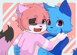  ambiguous_gender anthro bare_back blue_body blue_eyes blue_fur cute_fangs cynxie_(artist) domestic_cat duo felid feline felis fur haziq_(hazumazu) hi_res hug looking_at_viewer looking_back male mammal navel naz_namaki_(cynxie) nude one_eye_closed open_mouth pink_body pink_fur simple_background young young_ambiguous young_anthro 