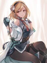  black_gloves black_pantyhose blonde_hair blush breasts brown_eyes collared_dress commentary djeeta_(granblue_fantasy) doctor_(granblue_fantasy) dress female gloves granblue_fantasy hair_between_eyes hairband half_gloves holding holding_stethoscope lab_coat looking_at_viewer medium_breasts necktie pantyhose red_necktie shin_strap short_hair sidelocks sitting sleeveless sleeveless_dress smile solo stethoscope thigh_strap yuzuki_karu 