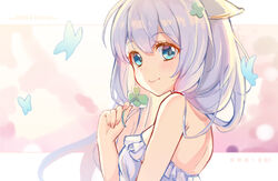  absurdres animal animal_ears bare_arms bare_shoulders blue_eyes blurry blurry_background blush breasts bug butterfly character_name claxton_(warship_girls_r) closed_mouth clover clover_hair_ornament commentary_request depth_of_field dress female fingernails four-leaf_clover four-leaf_clover_hair_ornament hair_between_eyes hair_ornament hasu_(velicia) highres holding long_hair looking_at_viewer looking_to_the_side small_breasts smile solo strapless strapless_dress upper_body warship_girls_r white_dress white_hair 