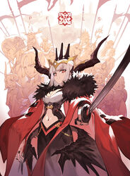  6+girls absurdres bare_shoulders black_nails blindfold blunt_bangs breasts cape cleavage commentary_request crossed_arms crown dress elbow_gloves eyepatch facial_mark forehead forehead_mark fur_trim gloves hair_between_eyes highres holding holding_sword holding_weapon horns jong_tu lily_(pixiv_fantasia_last_saga) long_hair looking_at_viewer multiple_girls nail_polish navel oblivium open_mouth parted_lips photoshop_(medium) pixiv_fantasia pixiv_fantasia_last_saga pointy_ears red_eyes sidelocks solo_focus sword tina_dhuramemole weapon white_hair 