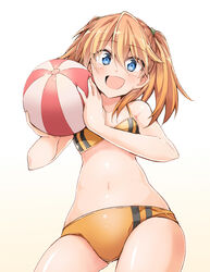  :d ass_visible_through_thighs ball bare_arms bare_shoulders beachball bibi02 bikini blonde_hair blue_eyes blush breasts cowboy_shot female from_below hair_between_eyes hair_ornament highres holding holding_ball holding_beachball looking_at_viewer medium_breasts medium_hair navel open_mouth orange_bikini original simple_background smile solo suzume_(bibi) swimsuit twintails two-tone_bikini white_background 