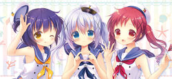  3girls :d ;q aono_ribbon arm_up beret blue_eyes blue_hair blue_neckerchief blue_sailor_collar blush brown_eyes chimame-tai closed_mouth commentary_request coral flag gochuumon_wa_usagi_desu_ka? hair_between_eyes hair_ornament hands_up hat heart heart_hands holding holding_flag jouga_maya kafuu_chino long_hair mini_hat multiple_girls natsu_megumi neckerchief one_eye_closed open_mouth peaked_cap photoshop_(medium) red_eyes red_hair red_neckerchief ringlets sailor_collar school_uniform seashell serafuku shell shirt sleeveless sleeveless_shirt smile starfish striped tongue tongue_out twintails two_side_up unworn_hat unworn_headwear upper_body vertical_stripes white_headwear white_shirt x_hair_ornament yellow_neckerchief 