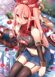  :d animal bag bare_shoulders blue_skirt blurry blurry_background bow bra branch breasts brown_shirt brown_sleeves brown_thighhighs buckle camellia chains cherry_blossoms cleavage cleavage_cutout clothing_cutout commentary_request crop_top day depth_of_field detached_sleeves feline female flower food garter_straps hair_ribbon hairband hairbow highres long_hair long_sleeves medium_breasts midriff miniskirt navel onasuba open_mouth original outdoors petals pink_flower pink_hair pleated_skirt pointy_ears red_bow red_bra red_eyes red_flower red_hairband red_ribbon ribbon shirt sitting skirt sleeveless sleeveless_shirt smile solo thighhighs two_side_up underwear very_long_hair water zettai_ryouiki 