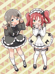  &gt;_o 2girls :d black_bow black_bowtie black_dress black_footwear blue_eyes blush bow bowtie butterfly_hair_ornament commentary_request covering_own_mouth cross-laced_clothes double_v dress frilled_legwear full_body gothic_lolita green_eyes grey_hair grin hair_ornament hairband hands_up kneehighs kurosawa_ruby lolita_fashion lolita_hairband long_sleeves looking_at_viewer love_live! love_live!_sunshine!! mary_janes mezashi_(mezamashi_set) multiple_girls one_eye_closed open_mouth outline red_hair shoes short_hair smile socks standing thighhighs two_side_up v v-shaped_eyebrows watanabe_you white_legwear white_outline yellow_dress 