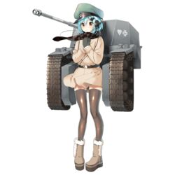  artist_request belt black_thighhighs blue_hair blush boots brown_eyes cannon coat female full_body hair_ornament hairclip hands_on_own_chest hat headphones looking_at_viewer martin_(milihime_taisen) milihime_taisen military_hat mittens official_art scarf short_hair solo standing thighhighs transparent_background winter_clothes winter_coat 