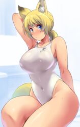  absurdres animal_ear_fluff animal_ears arm_up blonde_hair blue_eyes blush breasts commentary_request covered_navel female fox_ears highleg highleg_swimsuit highres large_breasts looking_at_viewer minakami_(flyingman555) one-piece_swimsuit original ponytail sitting solo sweat swimsuit thighs white_one-piece_swimsuit 