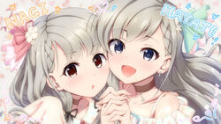  2girls blue_eyes brown_eyes character_name choker closed_mouth commentary_request dress earrings grey_hair hair_ornament hisakawa_hayate hisakawa_nagi holding_hands idolmaster idolmaster_cinderella_girls idolmaster_cinderella_girls_starlight_stage jewelry long_hair midorinocha multiple_girls open_mouth portrait siblings sisters twins 