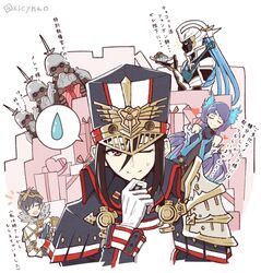  2girls 5boys aegaeon_(xenoblade) armor blue_hair blush brighid_(xenoblade) brown_eyes brown_hair closed_eyes commentary_request food gift glasses hat heart holding holding_gift holding_plate long_hair mask military military_uniform mochimochi_(xseynao) morag_ladair_(xenoblade) multiple_boys multiple_girls niall_ardanach one_eye_closed plate short_hair shoulder_armor smile spoken_sweatdrop sweat sweatdrop translation_request uniform xenoblade_chronicles_(series) xenoblade_chronicles_2 