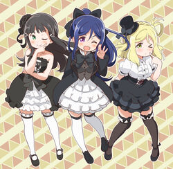  &gt;_o 3girls ;) ;d ankle_strap ankle_wings black_bow black_bowtie black_dress black_footwear black_headwear black_jacket black_ribbon black_shirt black_thighhighs blonde_hair blue_hair bow bowtie braid center_frills collared_shirt commentary_request cross-laced_clothes crown_braid dress flower frills full_body gothic_lolita green_eyes hair_flower hair_ornament hair_rings hairbow hairclip hand_up hat hat_ribbon high-waist_skirt index_finger_raised jacket kurosawa_dia lolita_fashion long_hair looking_at_viewer love_live! love_live!_sunshine!! mary_janes matsuura_kanan medium_hair mezashi_(mezamashi_set) mole mole_under_mouth multiple_girls ohara_mari one_eye_closed open_mouth outline overskirt pointing pointing_at_self ponytail purple_eyes ribbon shirt shoes short_sleeves sidelocks skirt smile standing strapless strapless_dress thighhighs top_hat v-shaped_eyebrows white_legwear white_outline white_shirt wings yellow_eyes 