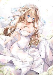  absurdres bare_shoulders blonde_hair blue_eyes blush breasts bridal_veil bride cleavage closed_mouth collarbone commentary_request covered_navel crystal day dema_hmw dress earrings female girls&#039;_frontline glint gloves hair_between_eyes hair_ornament half_gloves has_bad_revision has_downscaled_revision highres jewelry long_hair looking_at_viewer md5_mismatch medium_breasts off-shoulder_dress off_shoulder official_alternate_costume one_side_up outdoors photoshop_(medium) resolution_mismatch sidelocks skirt_hold snowflake_earrings solo source_smaller suomi_(blissful_mission)_(girls&#039;_frontline) suomi_(girls&#039;_frontline) tiara veil wedding_dress white_dress white_gloves 