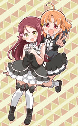  2girls :d \||/ ahoge black_bow black_dress black_footwear blush boots bow bow_legwear braid center_frills collared_dress commentary_request dress frills full_body gothic_lolita hair_ornament hairbow heart heart_hair_ornament jumping kneehighs lolita_fashion long_hair looking_at_viewer love_live! love_live!_sunshine!! mary_janes mezashi_(mezamashi_set) multiple_girls open_mouth orange_hair outline red_eyes red_hair sakurauchi_riko shoes short_hair side_braid sleeveless sleeveless_dress smile socks standing takami_chika v v-shaped_eyebrows white_legwear white_outline yellow_eyes 