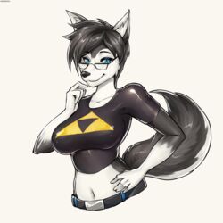  1:1 2019 5_fingers anthro belt big_breasts black_body black_fur black_hair black_nose blue_eyes breasts canid canine canis chloe_lockhart_(lildredre) clothed clothing digital_media_(artwork) domestic_dog eyewear female fingers fur glasses hair hi_res hotbento husky looking_at_viewer mammal multicolored_body multicolored_fur navel nintendo nordic_sled_dog simple_background smile solo spitz the_legend_of_zelda triforce two_tone_body two_tone_fur white_background white_body white_fur 