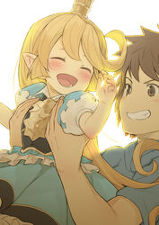  1boy :d ^_^ backlighting blonde_hair blush brown_eyes brown_hair carrying charlotta_(granblue_fantasy) closed_eyes commentary_request crown female gran_(granblue_fantasy) granblue_fantasy grin happy harvin long_hair oerba_yun_fang open_mouth pointy_ears puffy_short_sleeves puffy_sleeves short_sleeves simple_background smile very_long_hair walkalone white_background 