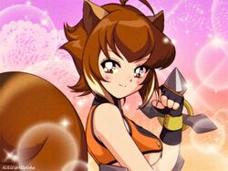  1990s_(style) alilu-chan animal_ears antenna_hair blazblue breasts brown_eyes closed_mouth commentary_request commission crop_top dual_wielding female fingerless_gloves from_side gloves highres holding light_smile looking_at_viewer looking_to_the_side makoto_nanaya multicolored_hair orange_skirt parody retro_artstyle revealing_clothes short_hair skirt smile solo sparkle sparkling_eyes squirrel_ears squirrel_girl squirrel_tail style_parody tail tonfa twitter_username two-tone_hair underboob upper_body weapon 